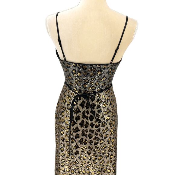 AIDAN BY AIDAN MATTOX Leopard Sequin Wrap Dress Size 0 Gold Black Sleeveless - Picture 11 of 15